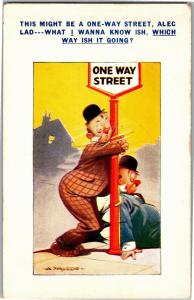 Bamforth Comic D-1 Drunk One Way Street Sign Taylor c1944 Vintage Postcard Q10