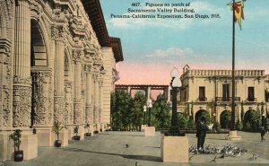 Vintage Postcard 1910s Pigeons on porch Sacramento Bldg Pan. Pac. Int. Expo Cal.