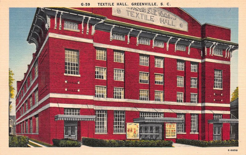 Textile Hall, Greenville, South Carolina, Early Linen Postcard, Unused