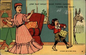 Rose Hyman Mother Hushes Little Boy Toy Drum Father Jackass c1910 Postcard