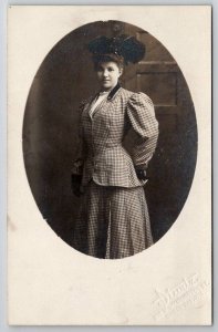 RPPC Pretty Young Edwardian Woman Checkered Dress Green Bay Wis Postcard P21