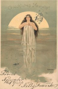 New Year 1900 A. Mailick chromo Litho postcard allegory beauty drawn woman