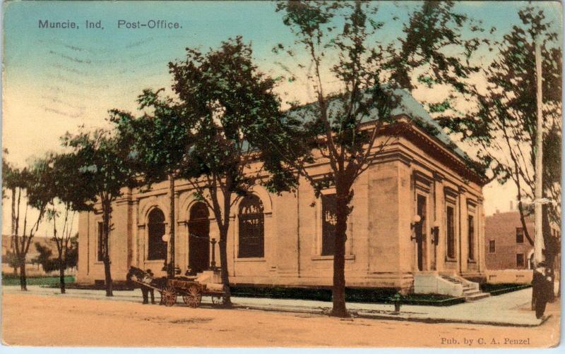 MUNCIE, IN Indiana   POST OFFICE Horsedrawn Vehicle 1908  Handcolored  Postcard