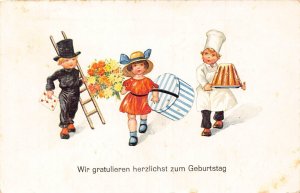 Birthday Greetings 1926 Chimney Sweep Girl Cook Cake Gift Flower postcard C333