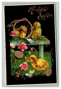Vintage 1912 Easter Postcard Cute Chicks Gold Eggs Black Lacquer Face NICE Card