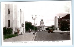 RPPC WINNIPEG, Manitoba Canada ~ Tinted AUDITORIUM & PARLIAMENT c1930s Postcard