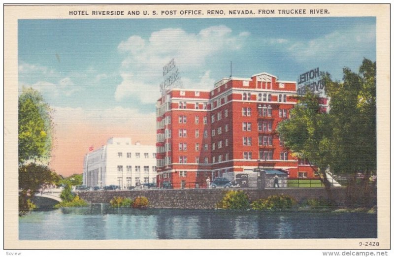 Hotel Riverside and US Post Office, Reno, Nevada, Truckee River, 1930-40s