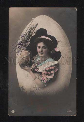 3057820 Cute Lady in HUGE EGG vintage EASTER Photo RPPC