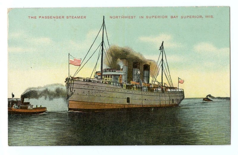 PASSENGER STEAMER NORTHWEST IN SUPERIOR BAY WISCONSIN*AMERICAN FLAG*POSTCARD