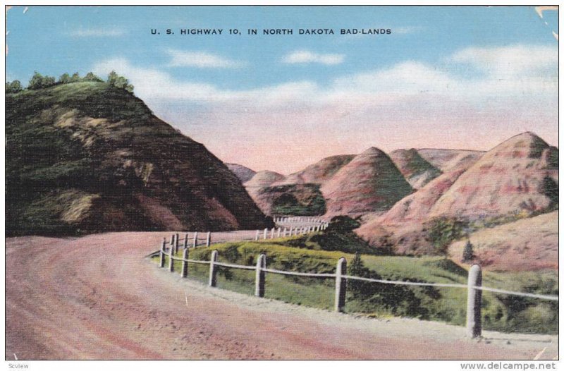 One of the many curves in the Bad-land's,  U.S. Hwy 10,  North Dakota,  PU_1944