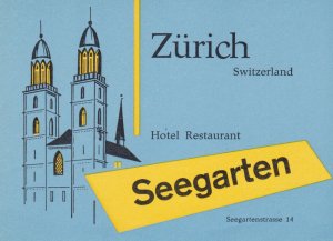 Switzerland Zurich Hotel Restaurant Seegarten Vintage Luggage Label sk2429
