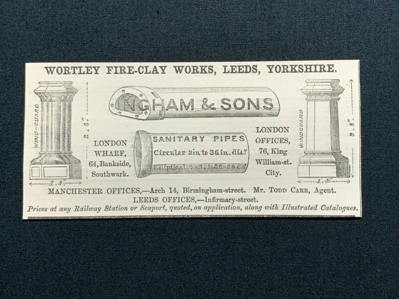 1862 Advert, Ingham & Sons, Wortley Fire-Clay Works Leeds, Sanitary Pipes