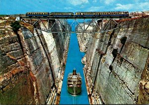 Greece The Isthmus Canal Scene With Steamer and Train Crossing Overhead