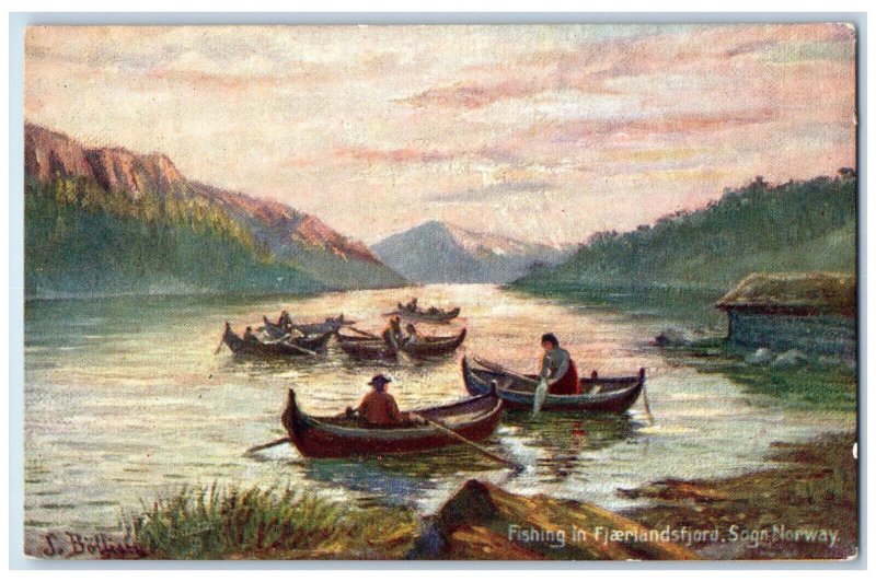 c1910 Fishing in Fjaerlandsfjord Sogn Norway Oilette Tuck Art Postcard