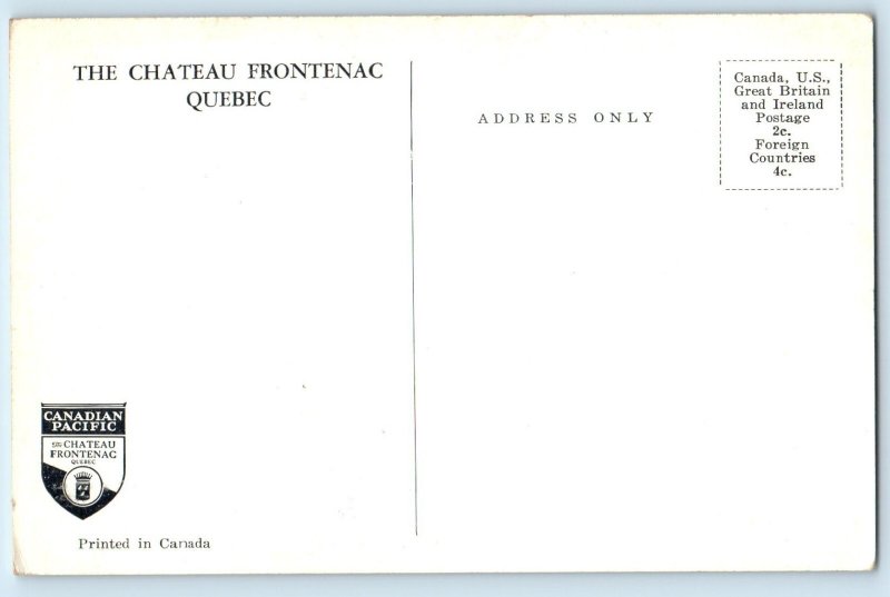 Quebec City Quebec Canada Postcard Chateau Frontenac c1950’s Unposted