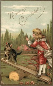 Congratulations Little Boy Kitty Cat Seesaw Teeter Totter c1910 Vintage Postcard