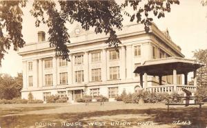 West Union Iowa~Fayette County Court House~Gazebo in Front~1930s RPPC Postcard