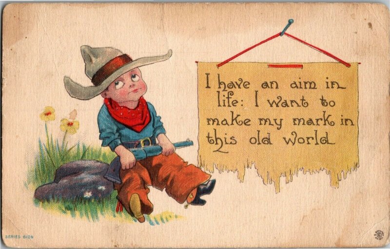 Little Boy Cowboy with Gun I Have An Aim In Life c1913 Vintage Postcard A34