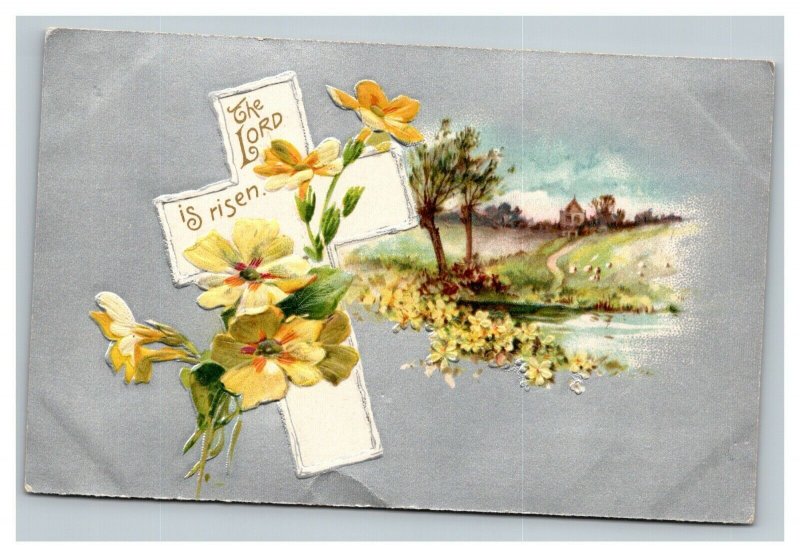 Vintage 1910's Winsch Back Religious Easter Postcard Silver Face Cross Flowers