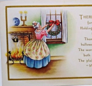 Christmas Postcard Victorian Women Hangs Wreath Fireplace Tea Kettle Whitney