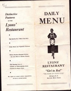 Vintage Daily Menu - Lyons' Restaurant - Sault Ste. Marie, Ontario, Canada