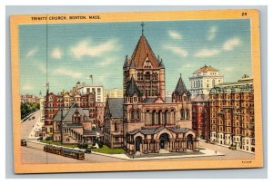 Vintage 1930's Postcard Trinity Church Cable Cars Boston Massachusetts