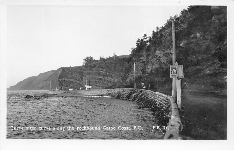 Quebec~Route 6 Curve along Gaspe Coast~near Mont-Albert~Road Sign~Vintage RPPC