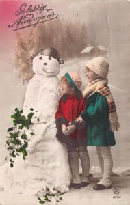RPPC NEW YEAR WW1 SNOWMAN CHILDREN NETHERLANDS STUDIO REAL PHOTO POSTCARD 1917