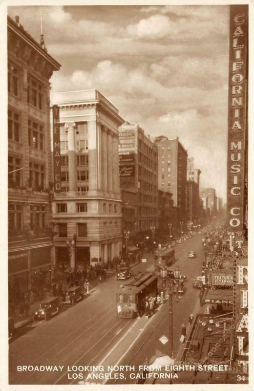 RPPC Broadway From 8th Street LOS ANGELES California Music Co Vintage Postcard 