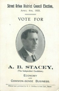 Street Urban District Council Election 1925 Vote for A. B. Stacey Candidate card 
