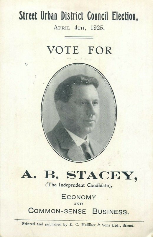 Street Urban District Council Election 1925 Vote for A. B. Stacey Candidate card 