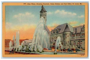 c1940s Aloe Plaza Fountain Scene Union Station Post Office St. Louis MO Postcard