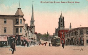 1912 Broadway From Everett Square Main Road Highway Massachusetts Postcard