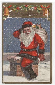 Santa in Chimney Christmas gold border 1910 postcard