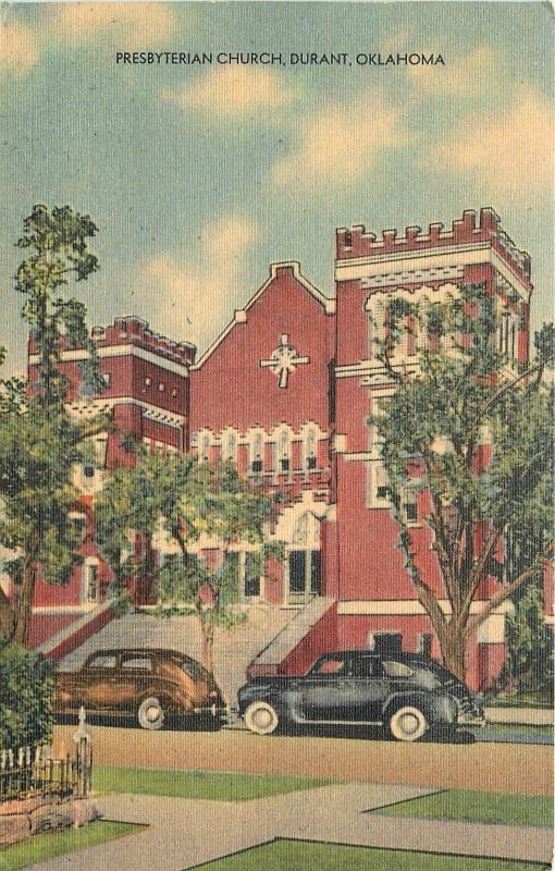 Durant OklahomaPresbyterian ChurchOld Cars1940s LinenPostcard