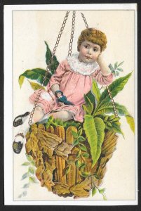 VICTORIAN TRADE CARD American Cereal Company Girl in Pink Dress Sitting on Plant