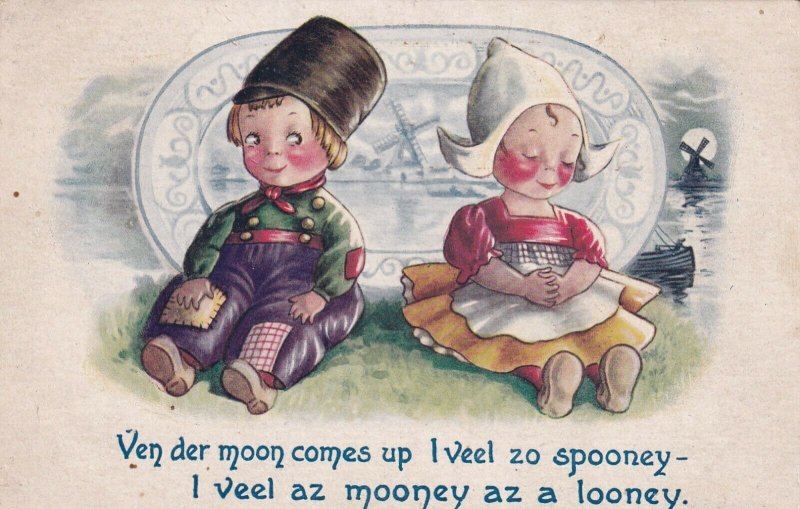 Dutch Children, 1900-10s; Poor Dutch boy sitting by girl under moon spooning