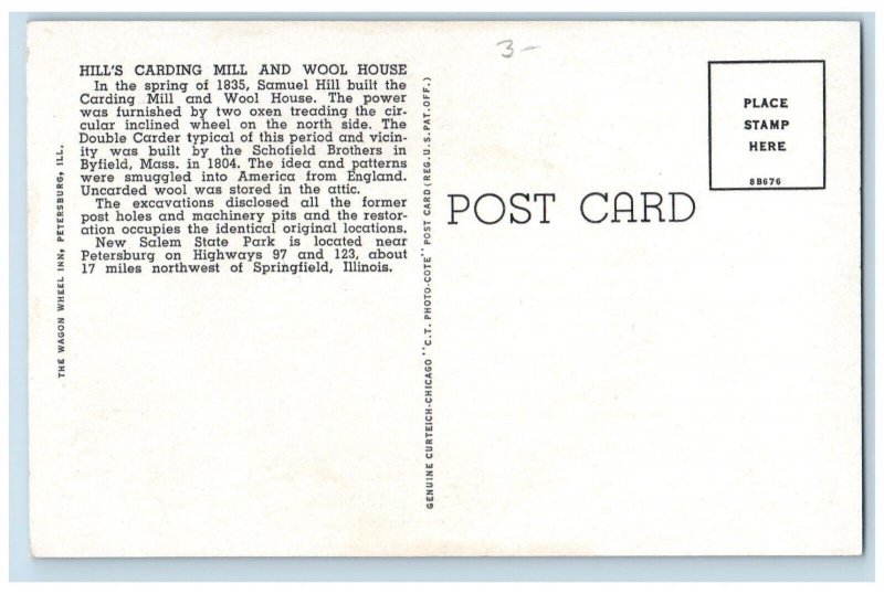 Lincoln New Salem Illinois IL Postcard Carding Machine Hill's Carding Mill