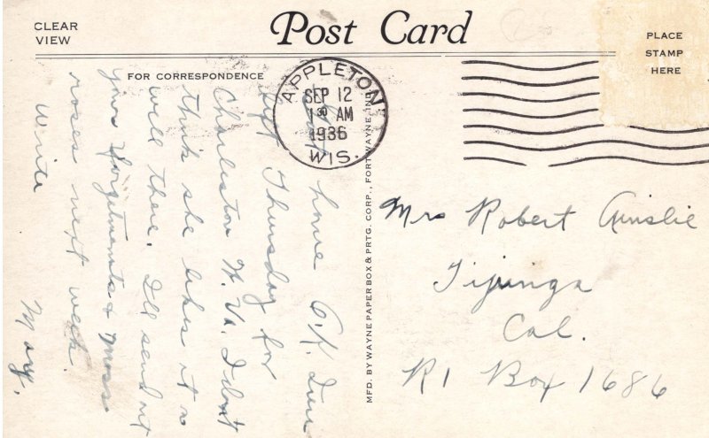 Science Hall Lawrence College Appleton Wisconsin postmark 1936