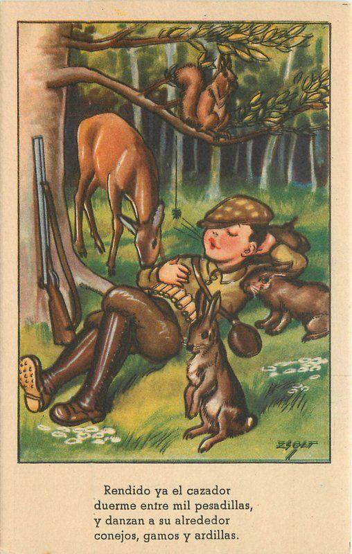 Artist impression 1950s Boy Hunter Nap Time Rabbit Rifle Deer Zsolt 12240