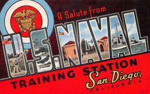 San Diego California US Naval Training Station Large Letter Linen PC AA68574