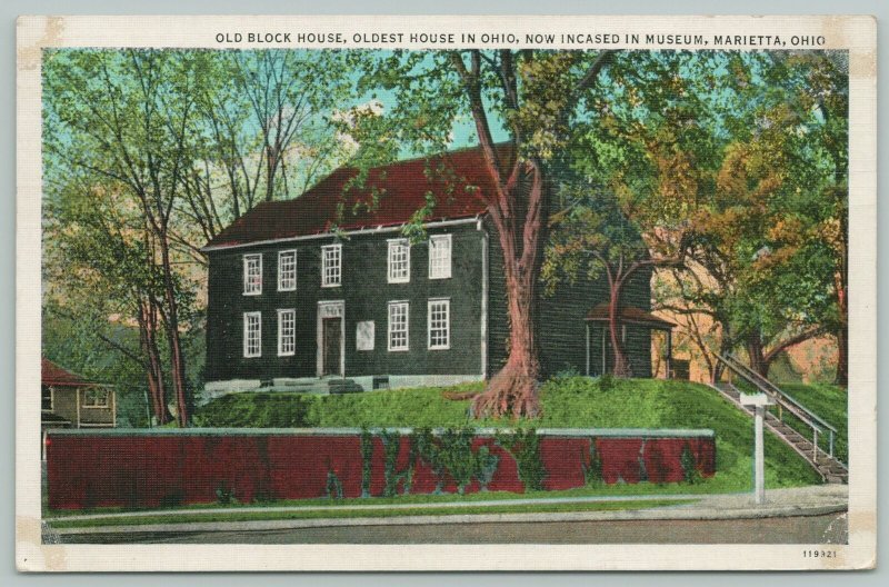 Marietta Ohio~Old Block House Oldest House~1940s Linen Postcard