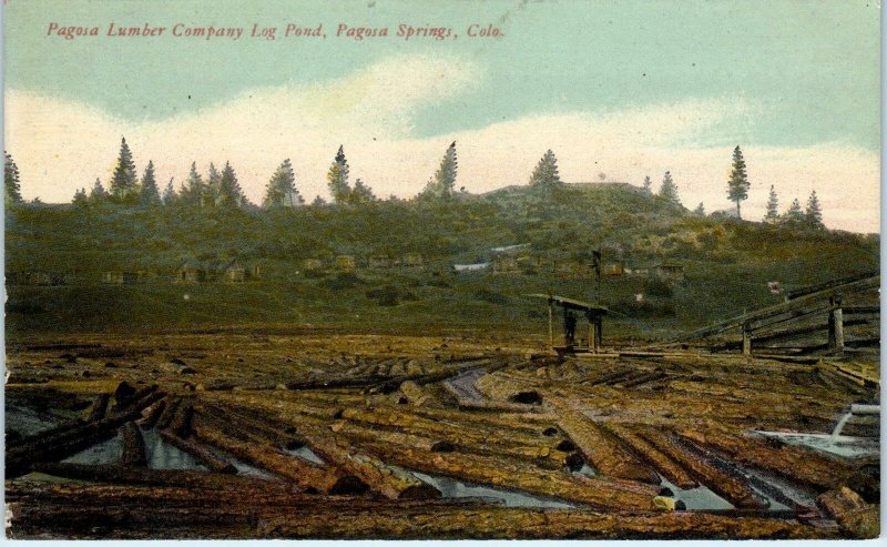 PAGOSA SPRINGS, CO Colorado ~ Log Pond  PAGOSA LUMBER COMPANY c1910s  Postcard