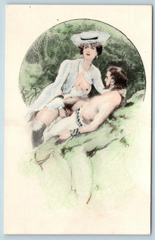 Postcard French Risque Man Woman Nude Cartoon Comic Together in Park 2Q16