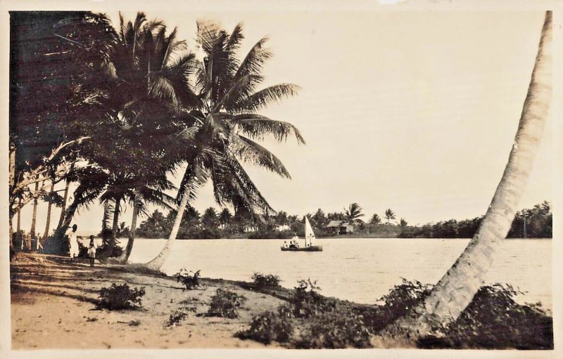 BRITISH WEST INDIES~Trinidad-VIEW ACROSS WATER-SAILBOAT~1925 REAL PHOTO POSTCARD