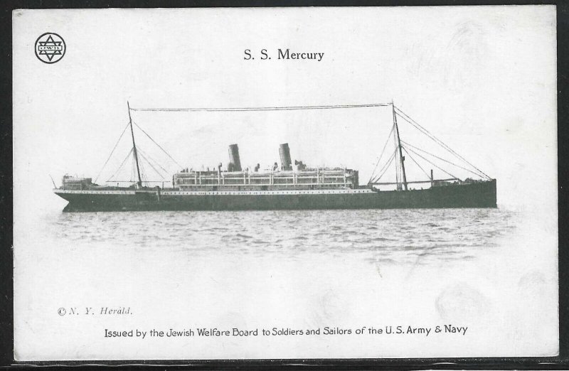 S.S. Mercury, Early Postcard Issued by the Jewish Welfare Board to Army & Navy