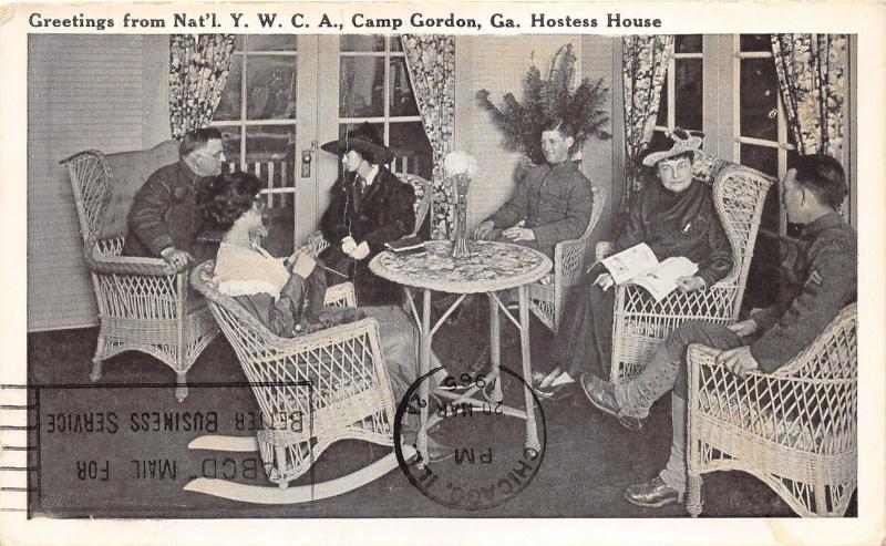 Camp Gordon Georgia~YWCA Hostess House~Group in Parlor~WWI Era~1920s Postcard