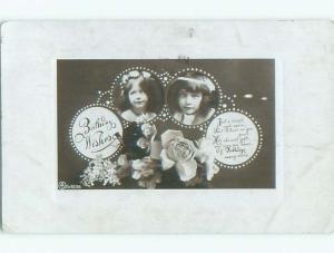 1918 rppc BIRTHDAY - TWO CUTE GIRLS & WHITE ROSE FLOWER o2166