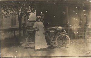 Couple Home Stand w/ Indian Motorcycle c1910 Real Photo Postcard