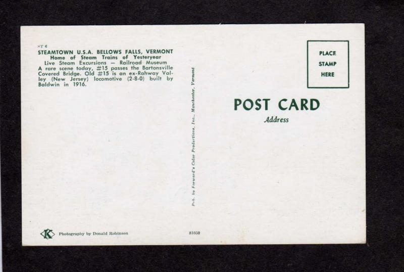 VT Steam Train Railroad Engine Steamtown Bellows Falls Vermont Postcard